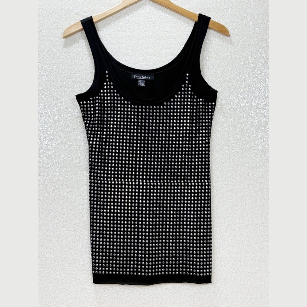 David Kahn Jeanswear Rhinestone Tank Top XS Black Studded Y2K Party Festival